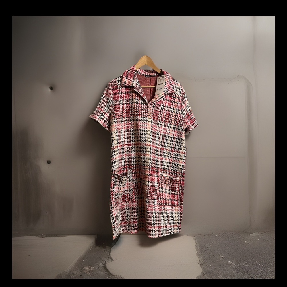 Zara Gingham Plaid A-Line Mini Shirt Dress Size L Multicolor